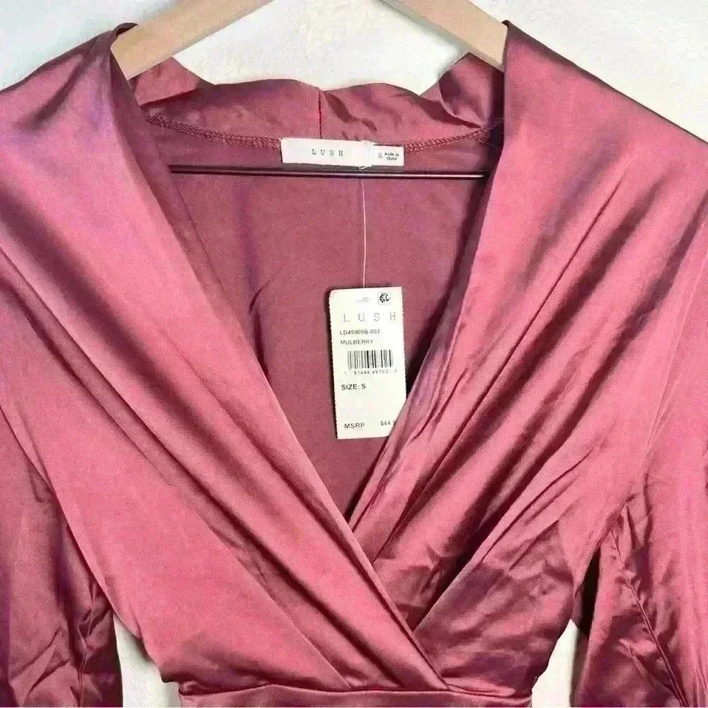 NWT LUSH Long Bell Sleeve Tie Waist Silky Minidress in Mulberry Size Small - Picture 5 of 8